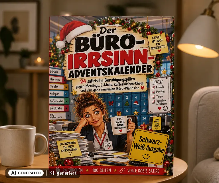 KI-generierte Illustration: Der Büro-Irrsinn-Adventskalender, 24 Türchen