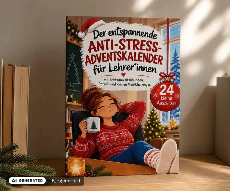 KI-generierte Illustration: Der entspannte Anti-Stress Adventskalender für Lehrer*innen, 24 Türchen