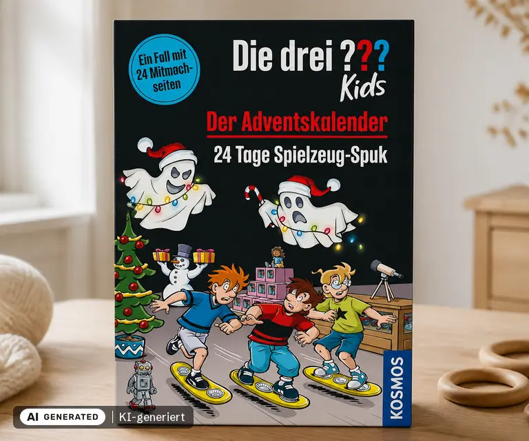 KI-generierte Illustration: Die drei ??? Kids, Der Adventskalender, 24 Türchen