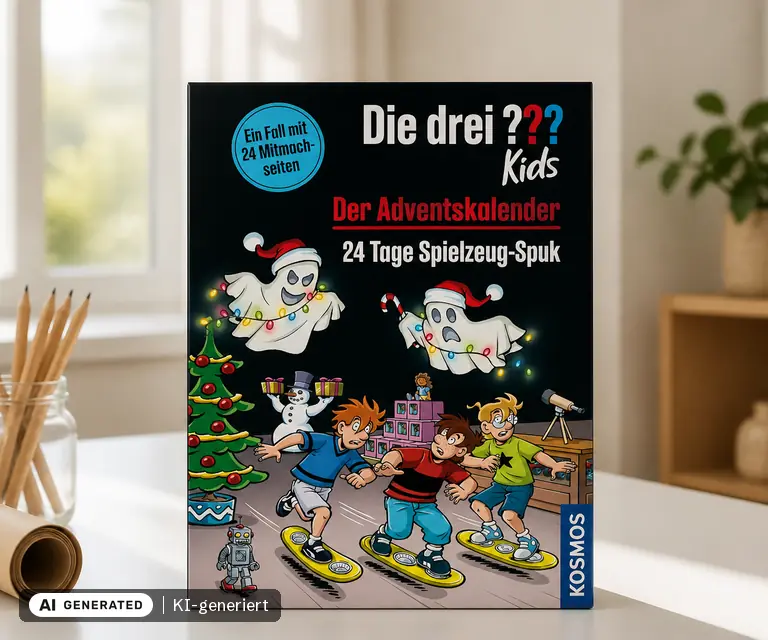 KI-generierte Illustration: Die drei ??? Kids, Der Adventskalender (drei Fragezeichen Kids), 24 Türchen