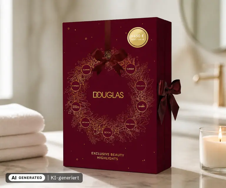 KI-generierte Illustration: Douglas Adventskalender Duft, Pflege & Make-up 2026, 24 Türchen