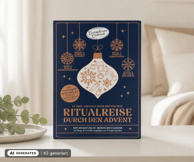 KI-generierte Illustration: Dresdner Essenz Adventskalender 2026 „Ritualreise durch den Advent“, 24 Türchen
