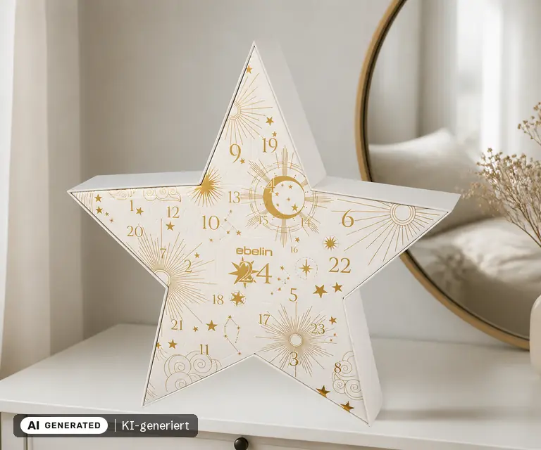 KI-generierte Illustration: ebelin Adventskalender Beauty & Hair 2026, 24 Türchen