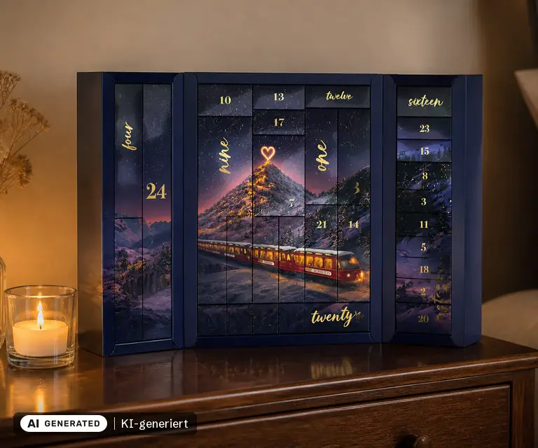 KI-generierte Illustration: EIS Premium Adventskalender 2026 Love Express, 24 Türchen