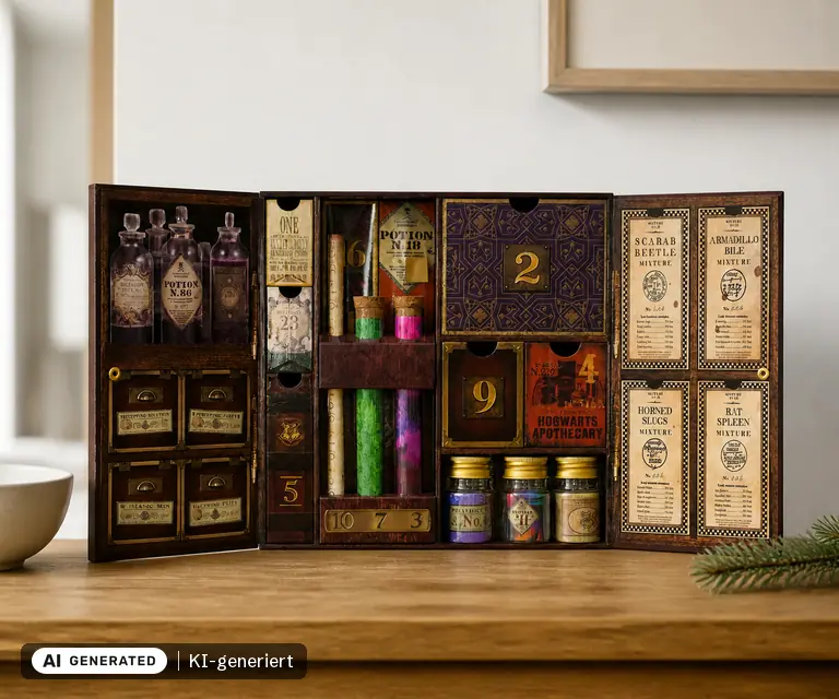 KI-generierte Illustration: Harry Potter Adventskalender in Geschenkbox (Elbenwald), 24 Türchen