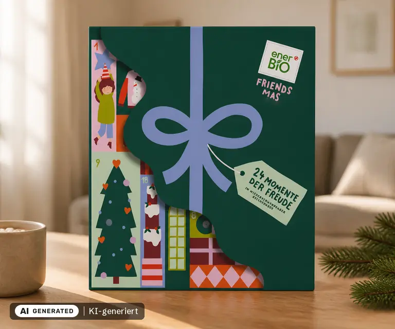 KI-generierte Illustration: enerBiO & friends Adventskalender 2026, 24 Türchen