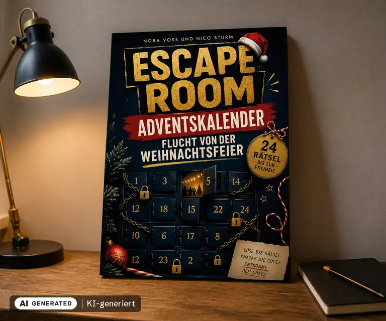 KI-generierte Illustration: Escape Room Adventskalender - Flucht von der Weihnachtsfeier, 24 Türchen