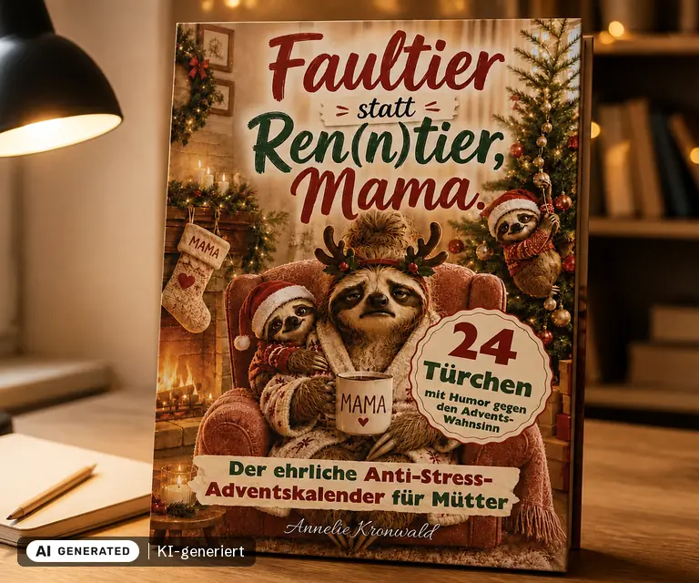 KI-generierte Illustration: Faultier statt Ren(n)tier, Mama - Der ehrliche Anti-Stress-Adventskalender für Mütter, 24 Türchen