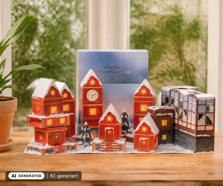 KI-generierte Illustration: feey Pflanzen Adventskalender Winterdorf im Morgenrot 2026, 24 Türchen
