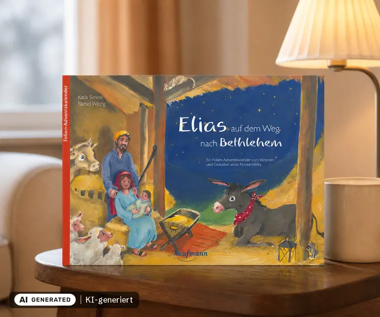 KI-generierte Illustration: Elias auf dem Weg nach Bethlehem (Folien-Adventskalender), 24 Türchen