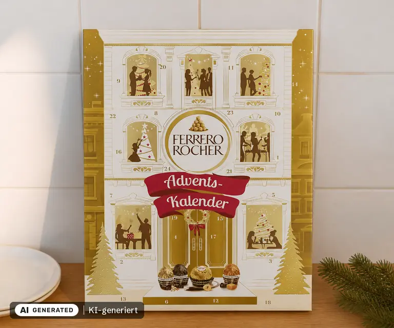 KI-generierte Illustration: Ferrero Rocher & Goldene Momente Adventskalender 2026, 24 Türchen