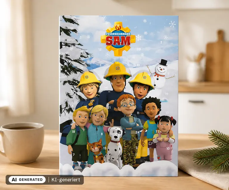 KI-generierte Illustration: Feuerwehrmann Sam Adventskalender, 24 Türchen