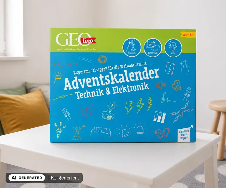 KI-generierte Illustration: FRANZIS GEOLINO Adventskalender Technik & Elektronik, 24 Türchen