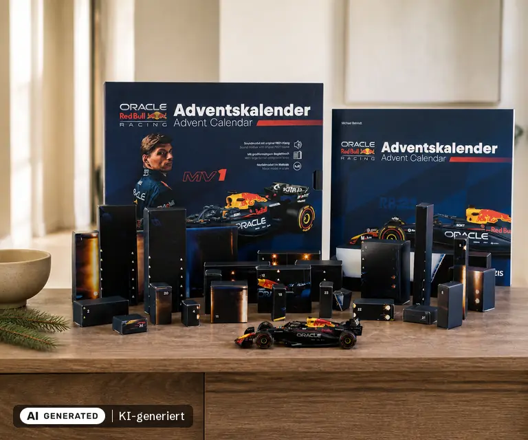 KI-generierte Illustration: Oracle Red Bull Racing Adventskalender 2026 (Franzis 67265), 24 Türchen
