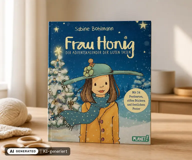 KI-generierte Illustration: Frau Honig: Der Adventskalender der guten Taten, 24 Türchen