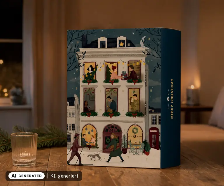KI-generierte Illustration: GEILE WEINE WEINMINI-Adventskalender, 24 Türchen