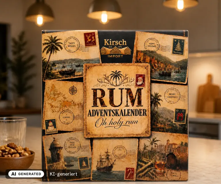 KI-generierte Illustration: genuba / taste24 Oh-Holy-Rum Adventskalender 2026 (24 x 2 cl), 24 Türchen