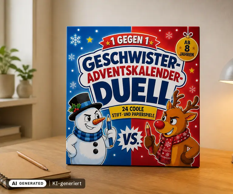 KI-generierte Illustration: Geschwister Adventskalender Duell, 24 Türchen