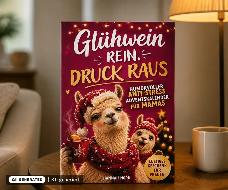 KI-generierte Illustration: Glühwein rein. Druck raus. Humorvoller Anti-Stress-Adventskalender für Mamas - 24 sarkastische Momente für weniger Perfektion im Weihnachtswahnsinn, 24 Türchen