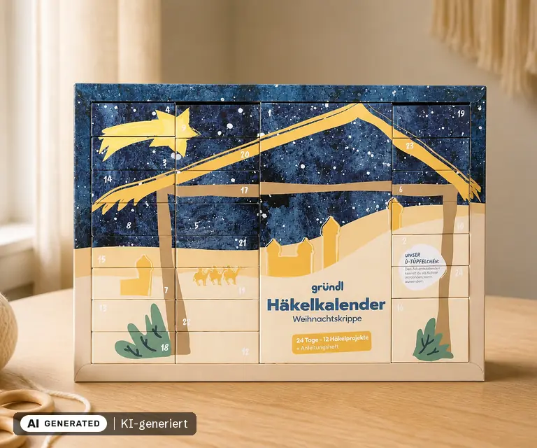 KI-generierte Illustration: Gründl Häkel-Adventskalender Krippe 2026, 24 Türchen