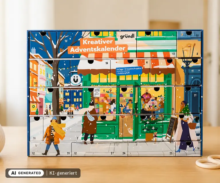 KI-generierte Illustration: Gründl Kreativer Adventskalender 2026 mit Zubehörbox, 24 Türchen
