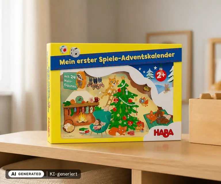KI-generierte Illustration: HABA Mein erster Spiele-Adventskalender: Weihnachten in der Bärenhöhle, 24 Türchen