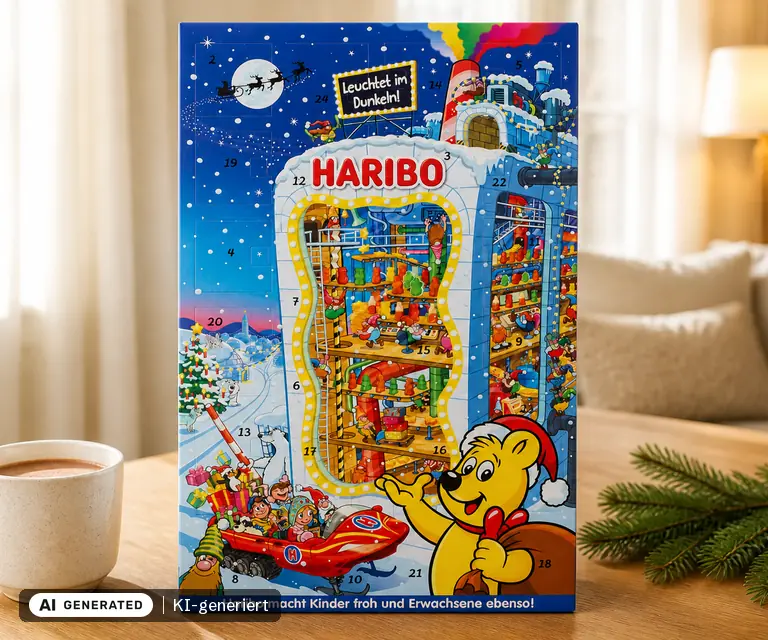 KI-generierte Illustration: HARIBO Adventskalender 2026 (300 g), 24 Türchen