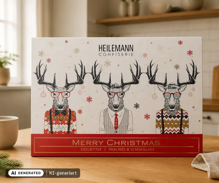 KI-generierte Illustration: Heilemann Confiserie Adventskalender Edelbitter-Pralinés