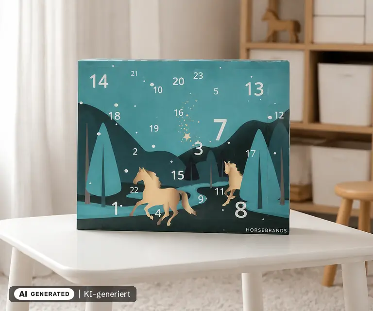 KI-generierte Illustration: HORSEBRANDS Pferde-Reiter-Adventskalender 2026, 24 Türchen