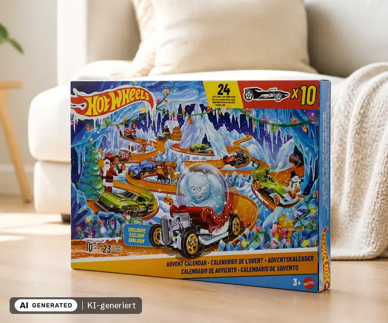 KI-generierte Illustration: Hot Wheels Adventskalender 2026 (JLG41), 24 Türchen