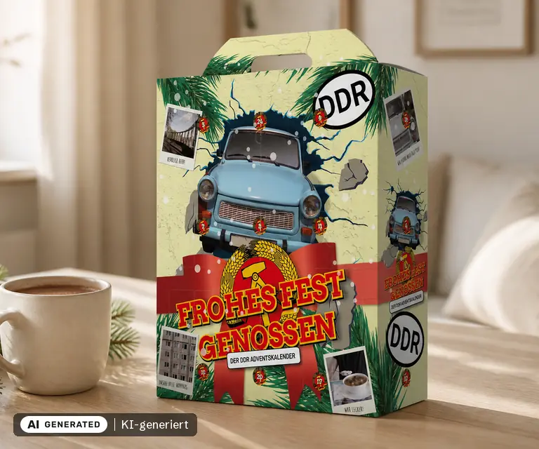 KI-generierte Illustration: DDR-Ostalgie Adventskalender 'Frohes Fest Genossen'
