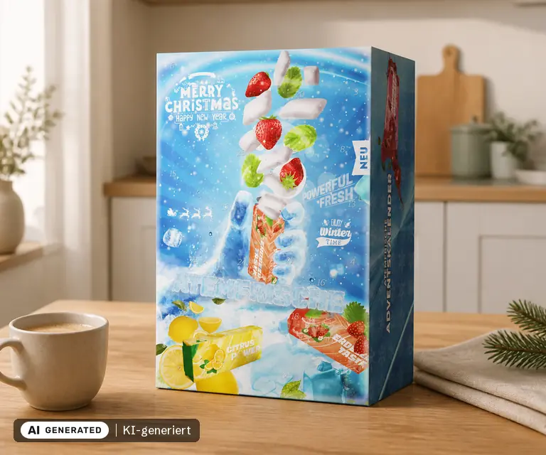 KI-generierte Illustration: Kaugummi Adventskalender 2026 Atemfrisch (Huber-Kölle), 24 Türchen