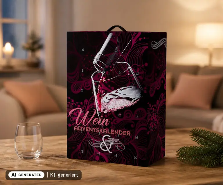 KI-generierte Illustration: Wein Adventskalender 2026 von Huber-Kölle, 24 Türchen