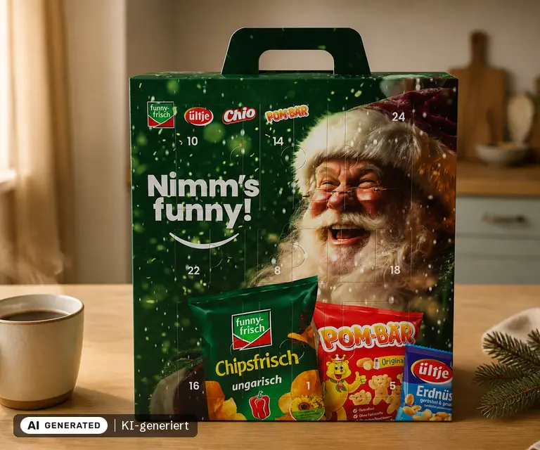 KI-generierte Illustration: Intersnack Snack-Adventskalender 2026 (funny-frisch, Chio, Pom-Bär, ültje, 784 g), 24 Türchen