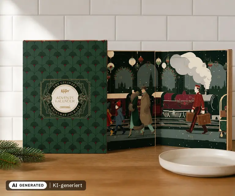 KI-generierte Illustration: Käfer Adventskalender mit Schokotrüffel (Buchform, 300 g), 24 Türchen