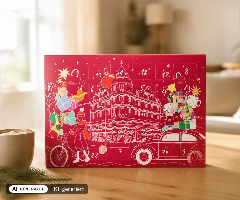 KI-generierte Illustration: Käfer Adventskalender mit Tartufi (175 g), 25 Türchen