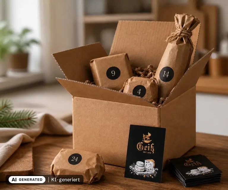 KI-generierte Illustration: Käse & Wein-Adventskalender 2026 der Fromagerie Geiß, 24 Türchen