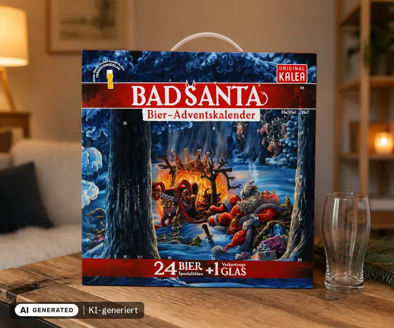 KI-generierte Illustration: KALEA Bad Santa Bieradventskalender 2026, 24 Türchen