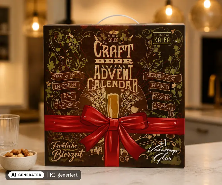 KI-generierte Illustration: KALEA CRAFTED Bieradventskalender 2026, 24 Türchen