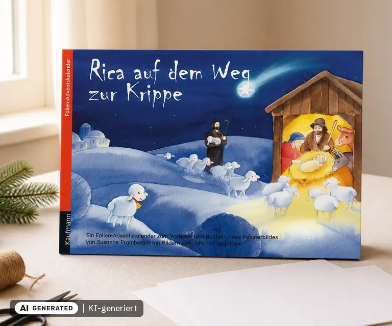KI-generierte Illustration: Rica auf dem Weg zur Krippe: Folien-Adventskalender (Ernst Kaufmann), 24 Türchen