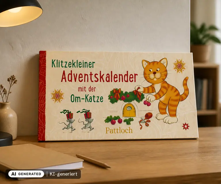 KI-generierte Illustration: Klitzekleiner Adventskalender mit der Om-Katze, 24 Türchen