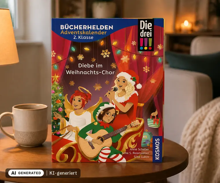 KI-generierte Illustration: Die drei !!! Bücherhelden 2. Klasse: Adventskalender, Diebe im Weihnachts-Chor (2026), 24 Türchen