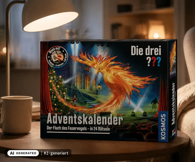 KI-generierte Illustration: Die drei ??? Adventskalender 2026: Der Fluch des Feuervogels, 24 Türchen
