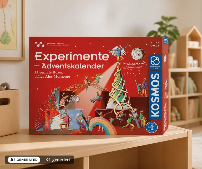 KI-generierte Illustration: KOSMOS Experimente-Adventskalender 2026, 24 Türchen