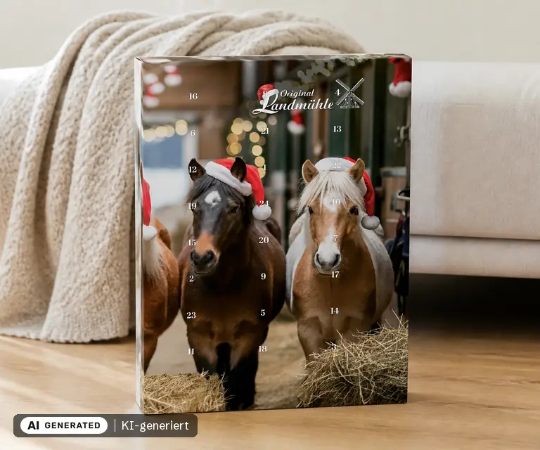 KI-generierte Illustration: Original Landmühle Adventskalender für Pferde 2026 (Krämer), 24 Türchen