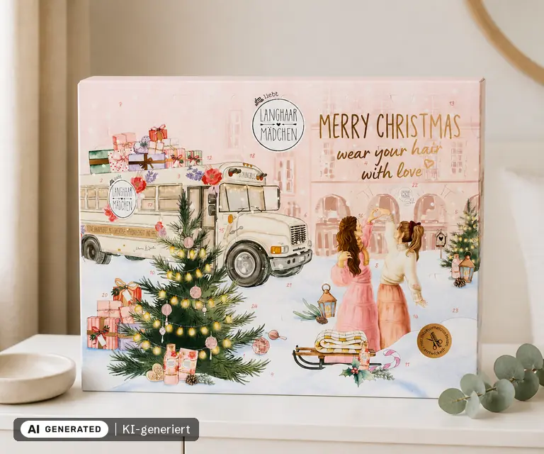 KI-generierte Illustration: LANGHAARMÄDCHEN MERRY CHRISTMAS Adventskalender 2026, 24 Türchen