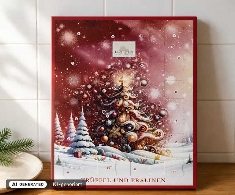 KI-generierte Illustration: Lauensteiner Adventskalender "Weihnachtsbaum Zartbitter Pralinen", 24 Türchen