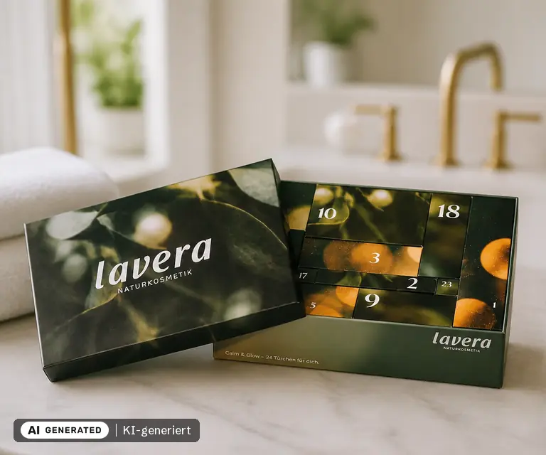 KI-generierte Illustration: lavera Beauty Adventskalender 2026 „Calm & Glow“, 24 Türchen
