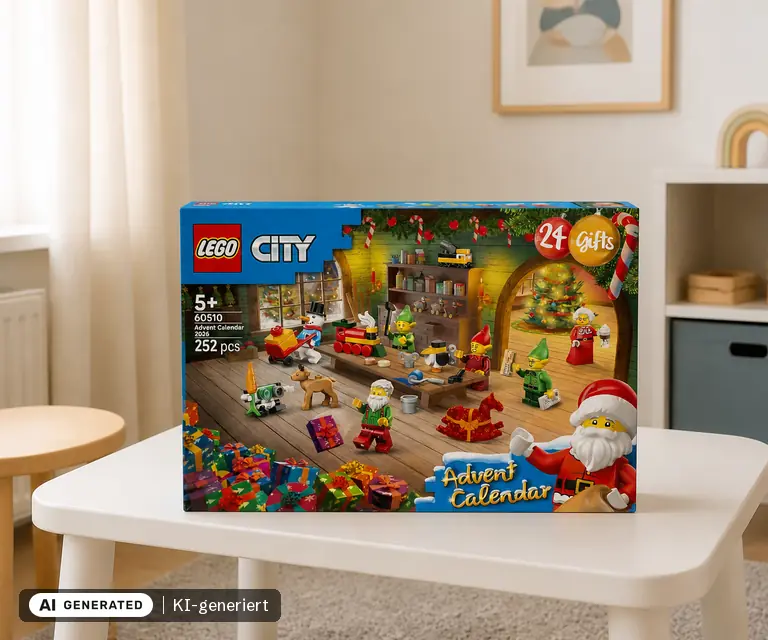 KI-generierte Illustration: LEGO City Adventskalender 2026 (60510), 24 Türchen