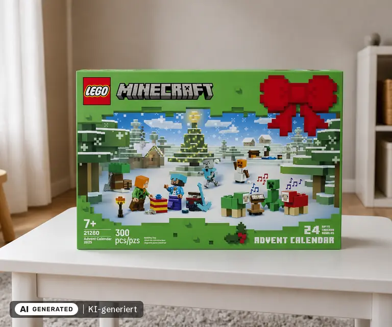 KI-generierte Illustration: LEGO Minecraft Adventskalender (21280, Ausgabe 2025), 24 Türchen